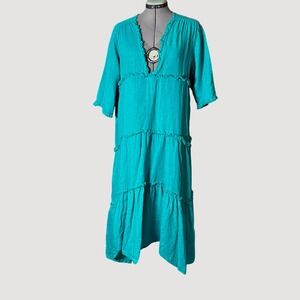 Meo Meli Jade Green Linen Dress Tiered Made in‎ Italy L Raw Edges